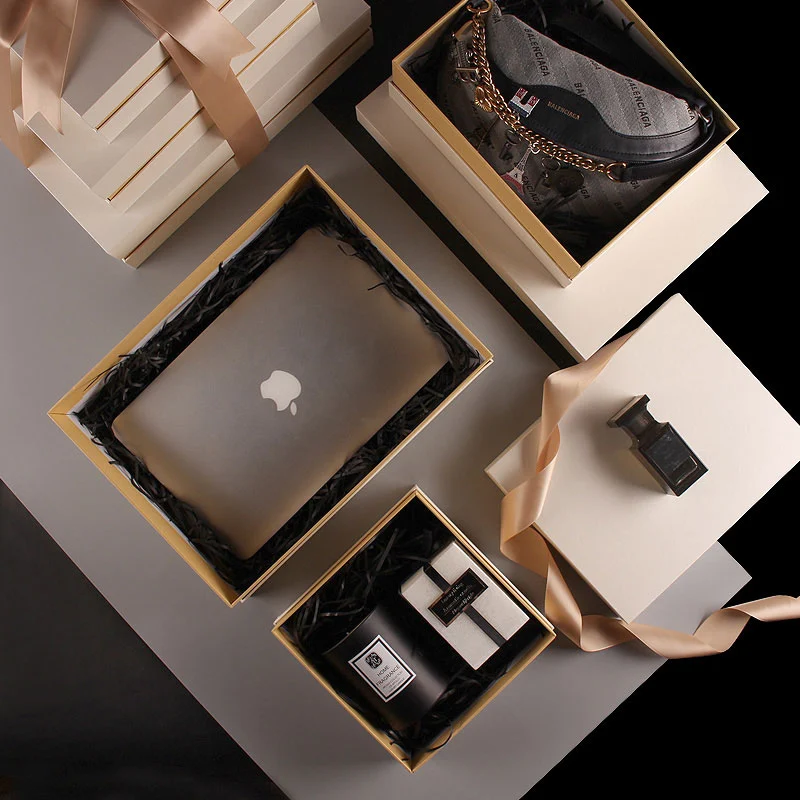 Multi Size Rigid Gift Box Set With Gold Ribbon And Lid